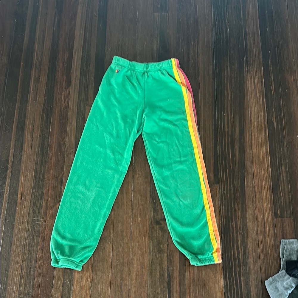 Aviator Nation Green Sweatpants with Rainbow Stripe